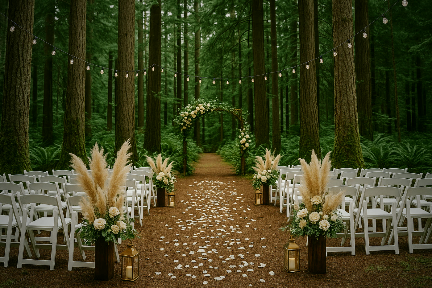 The ceremony aisle in daylight: pampas arrangements, white chairs and unlit string lights between the firs