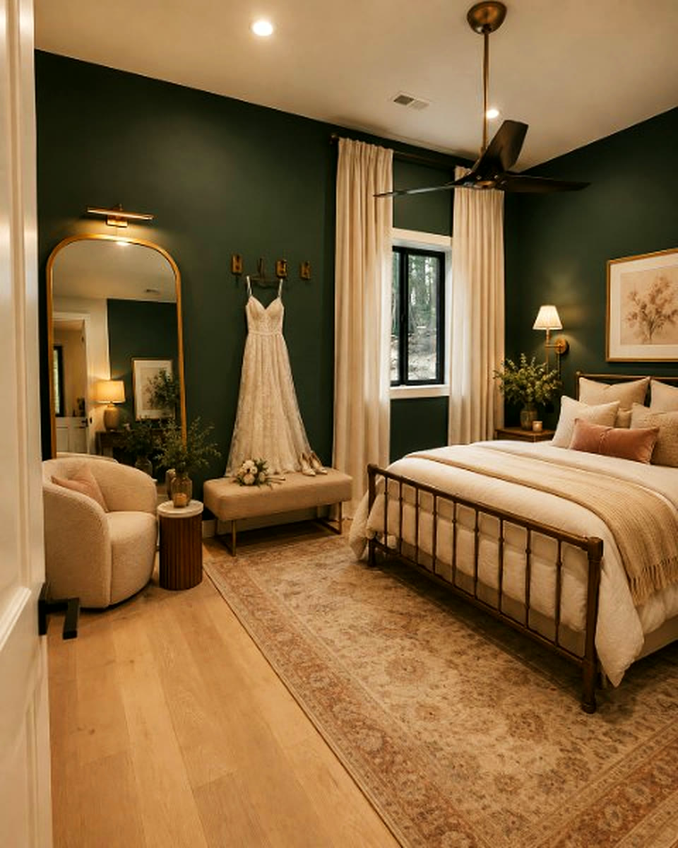 A guest suite bedroom, a dress hanging against the deep green wall