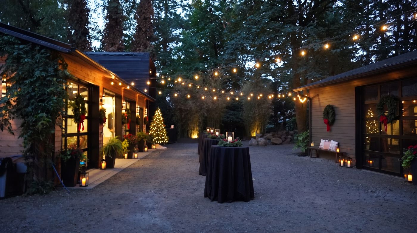 The gravel courtyard between the buildings at dusk, string lights overhead, wreaths on the siding, a lit tree by a door and candle lanterns on the ground