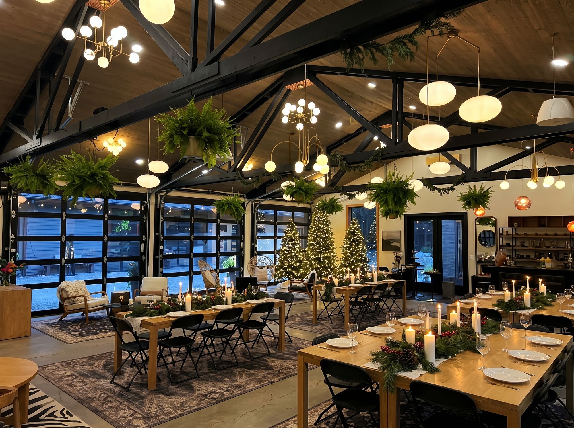 The Social Revolution hall dressed for a holiday dinner: lit Christmas trees against the glass garage doors, pine garland and white candles down the long tables, hanging ferns and globe pendants under the black trusses