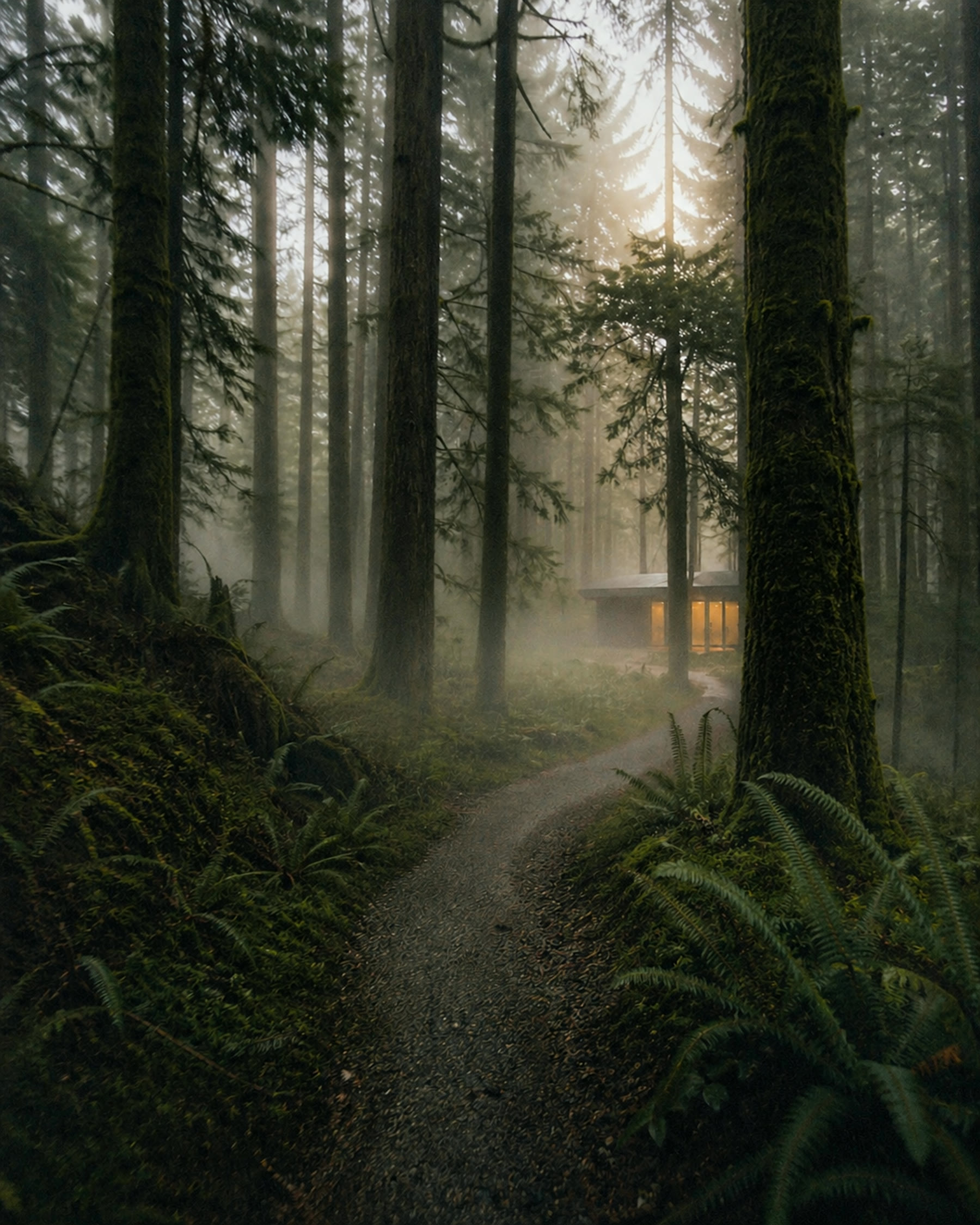 A path through foggy Douglas fir forest, a warm-lit hall glowing between the trunks