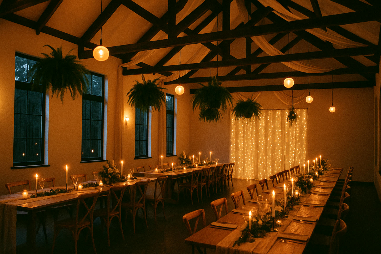 Styling concept: the hall dressed for an evening, ferns hung from the trusses, taper candles and a fairy-light curtain